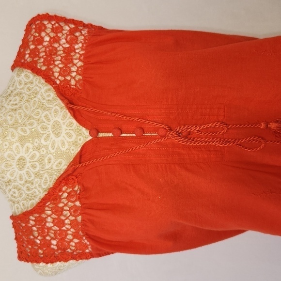 Cupio Orange Crochet Embroidered Sleeveless Tassel Tie 3/4 Button Front Top L - Picture 2 of 14
